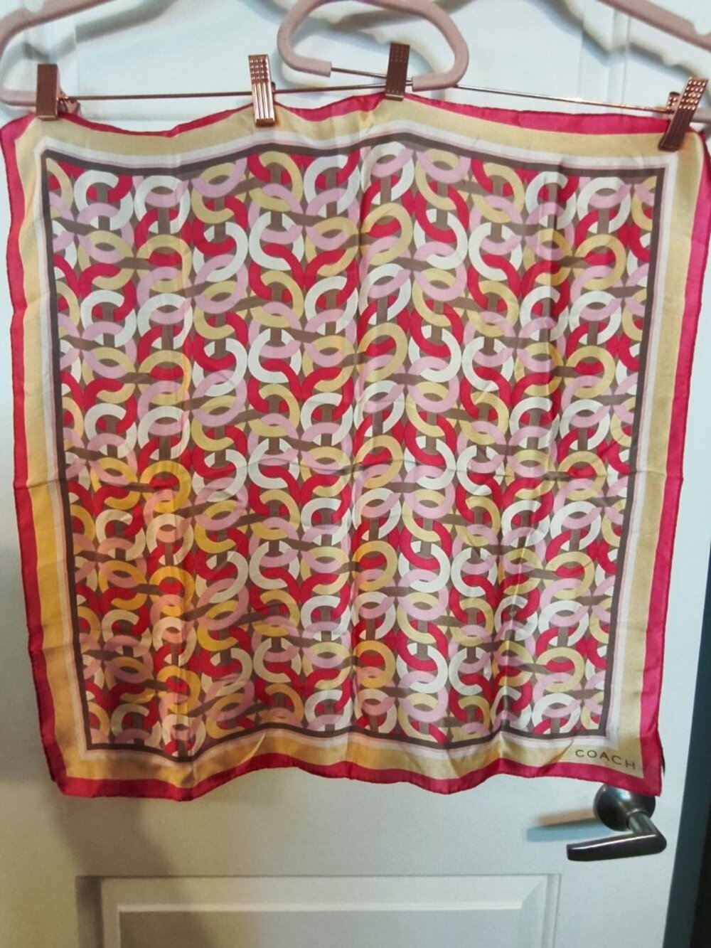 COACH 100% Silk 35" X 35" Signature C Pink, Cream & Gold Geometric Scarf - Picture 9 of 12